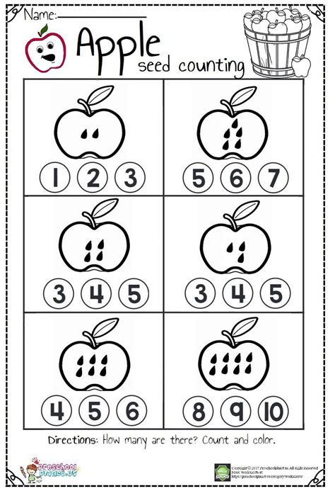 Apple Seed Counting Worksheet | Kindergarten math worksheets, Math activities preschool, Apple ...