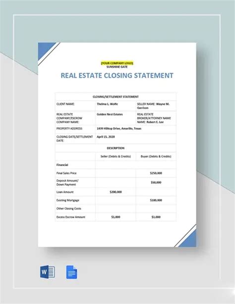 Real Estate Closing Statement Template in Word, Google Docs - Download ...