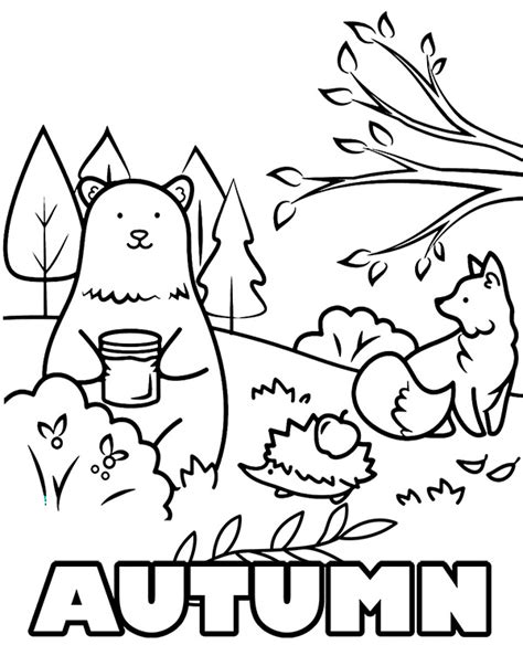 Autumn coloring sheet with forest animals