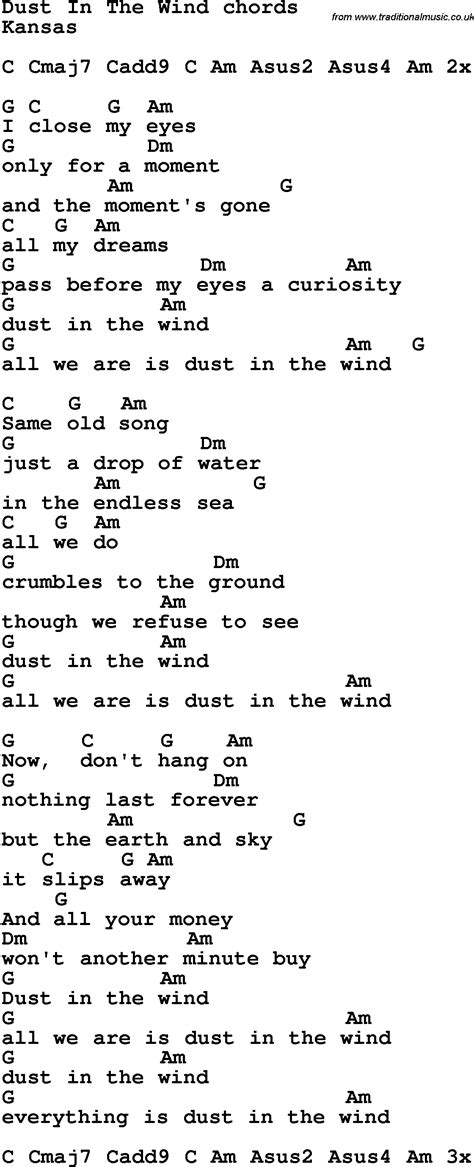 Song lyrics with guitar chords for Dust In The Wind