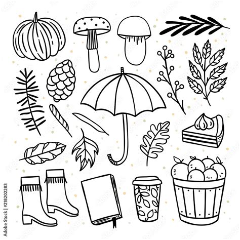 Autumn objects and elements hand drawn illustrations set. Cute fall doodle graphics, umbrella ...