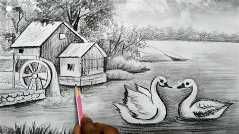 how to draw simple scenery drawing for kids with pencil sketch,drawing ...