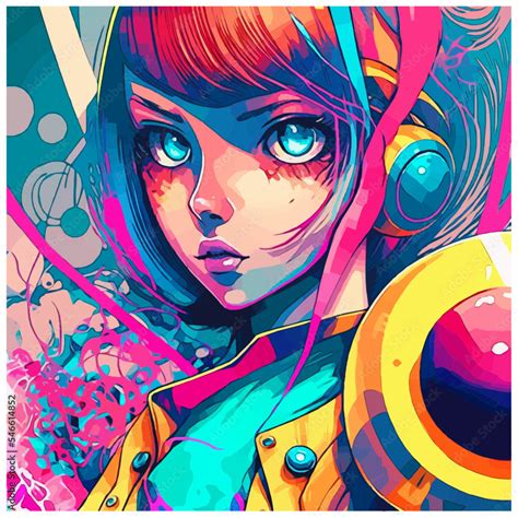 Neon Graffiti Anime Girl with Red Hair and Headphones. [Vector Illustration, Digital Art, Sci-Fi ...