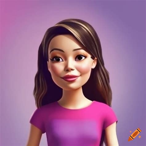 Cartoon drawing of miranda cosgrove in magenta t-shirt and blue jeans on Craiyon