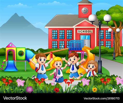 Cartoon children in uniform at school yard Vector Image