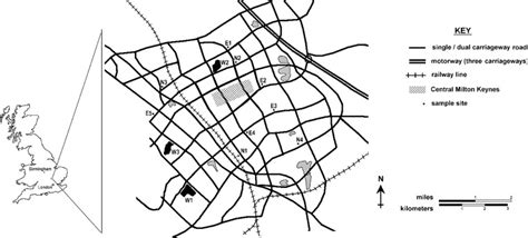 Map of Milton Keynes showing spatial relationships of sample sites and ...