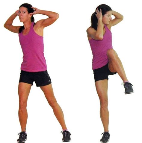 Standing Side Crunch Begin in a standing position, right arm straight up in the air. Shift your ...