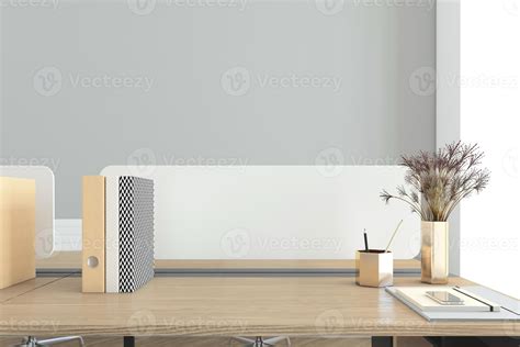 Workspace with minimalist desk and wood top, gray wall, 3D rendering ...