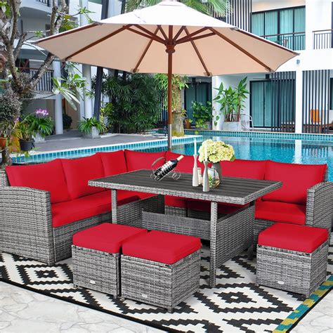Costway 7 PCS Patio Rattan Dining Set Sectional Sofa Couch Ottoman Garden Red - Walmart.com