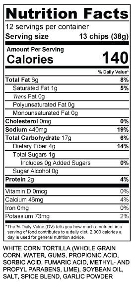 Nutritional Information — PASQUAL'S CANTINA FOODS