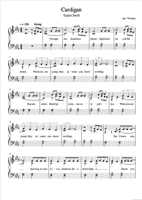 CARDIGAN - TAYLOR SWIFT (FREE SHEET MUSIC) | Sheet music, Free sheet music, Piano music