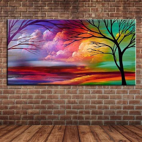 Modern Abstract Art Trees Oil Painting on Canvas Hand Painted Cloud Wall Mural Picture ...