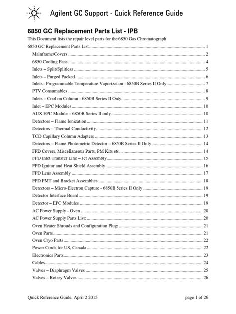 6850 GC Replacement Parts List | PDF | Gas Chromatography | Valve