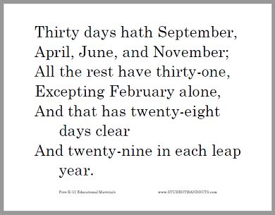 Thirty days hath September, April, June, and November; All the rest have thirty-one, Excepting ...