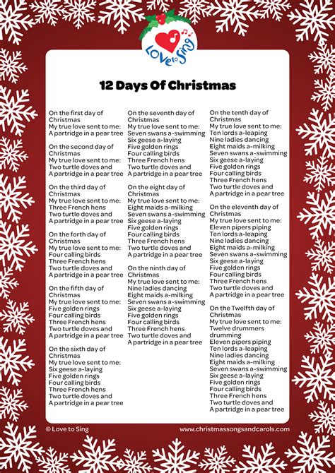 The 12 Days Of Christmas Lyrics Printable