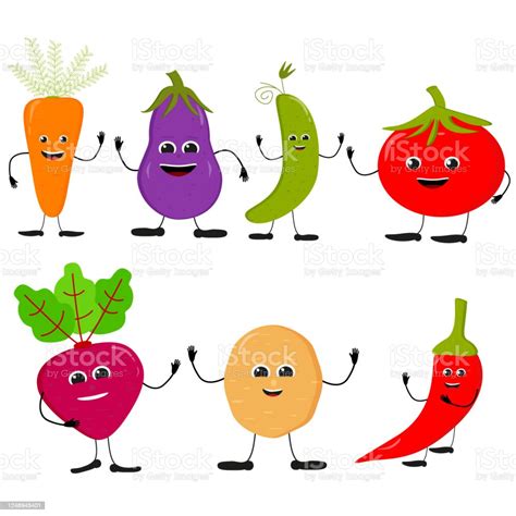 Set Of Different Cute Happy Vegetable Characters Vector Flat Illustration Isolated On White ...