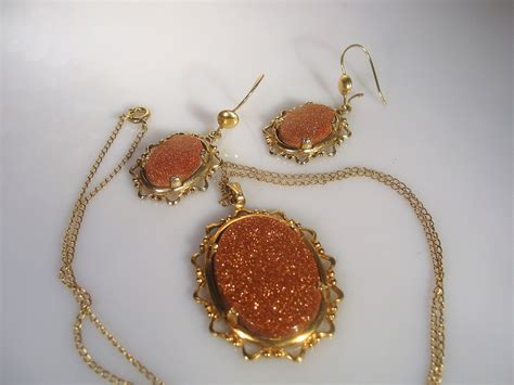 Goldstone Jewelry Set, Goldstone Necklace, Goldstone Earrings, Gold Filled Chain, 14K Earrings ...