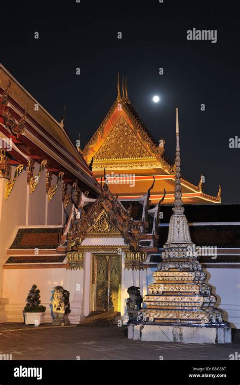 Wat Pho temple at night with full moon, Bangkok, Thailand Stock Photo ...