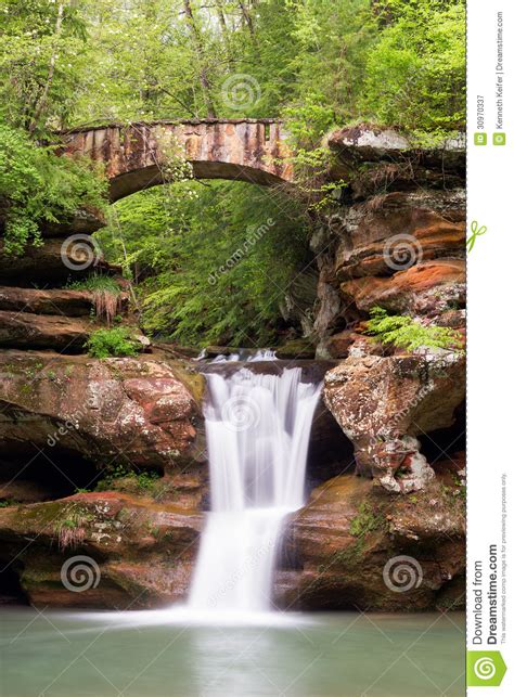 Old Man S Cave Waterfall and Bridge Stock Image - Image of forested, falling: 30970337