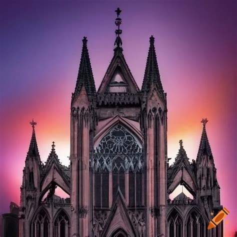 Gothic cathedral with pink sunset