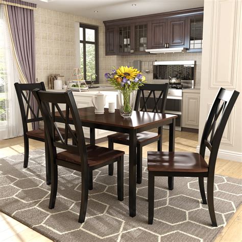 Kitchen Table and 4 Chairs Set, Wood Dinette Set Solid Acacia Wood ...