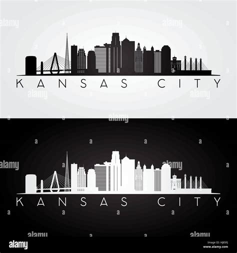 Kansas City USA skyline and landmarks silhouette, black and white design, vector illustration ...