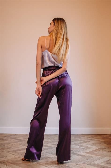 Plum silk pants High-waisted Purple silk pants Long palazzo | Etsy