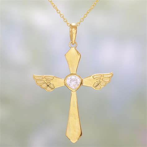 Gold Plated Cubic Zirconia Cross Pendant Necklace from India - Heavenly ...