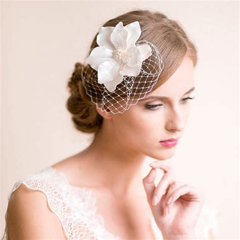 Bridal Fascinator With Magnolia Flower - Bridal Headpiece - Birdcage ...