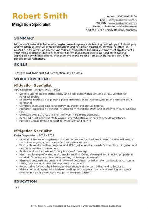 Mitigation Specialist Resume Samples | QwikResume