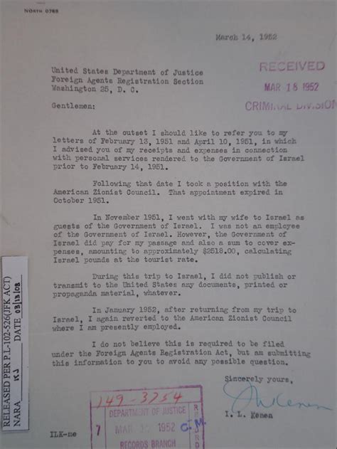 03/14/1952 Isaiah L. Kenen Letter to FARA Section about Receipt of ...