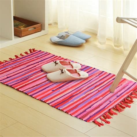 Handmade Cotton Rag Rug Striped Tassels Durable Machine Washable Multi use Floor Rugs and Carpet ...