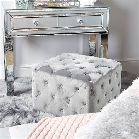 Soft Grey Velvet Square Stool With Tufted Buttons | Picture Perfect Home