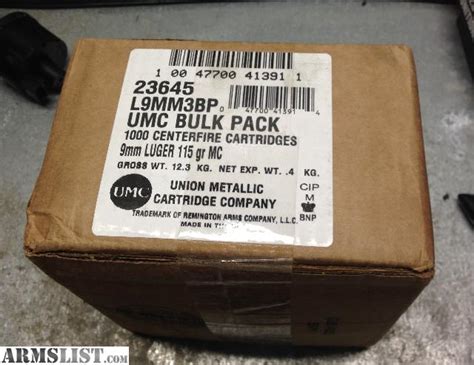 ARMSLIST - For Sale: 9mm Remington UMC 115 grain FMJ ammo 1000 Rounds bulk pack