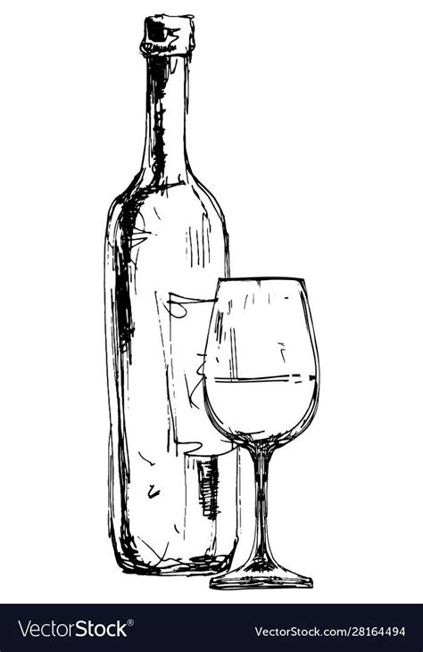 Bottle of wine and glass. Hand drawn illustration in engraving style. Isolated black ...