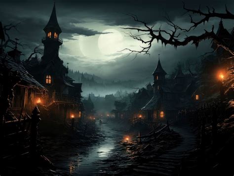 Premium AI Image | A spooky Halloween night scene with town