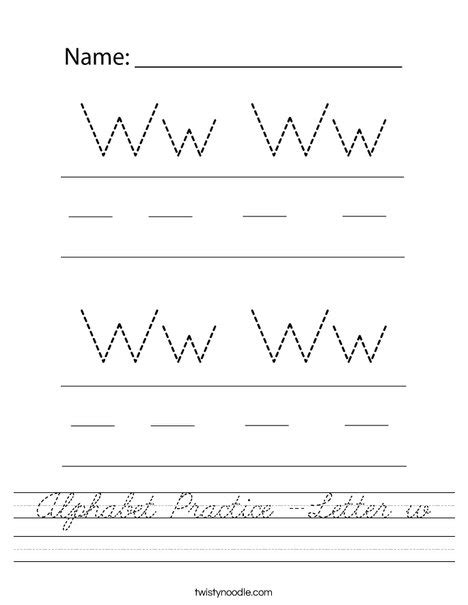 Alphabet Practice -Letter w Worksheet - Cursive - Twisty Noodle