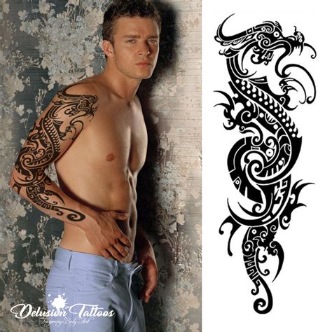 REALISTIC TEMPORARY TATTOO SLEEVE, TRIBAL, DRAGON, ARM, BLACK, MENS ...