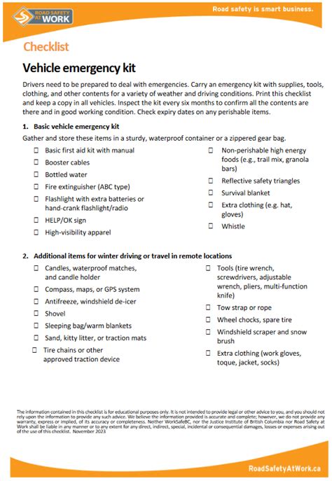 Vehicle Emergency Kit Checklist - Road Safety at Work