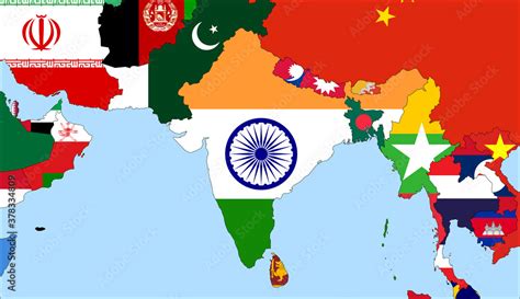 Center the map of India. Vector maps showing India and neighboring countries. Flags are ...