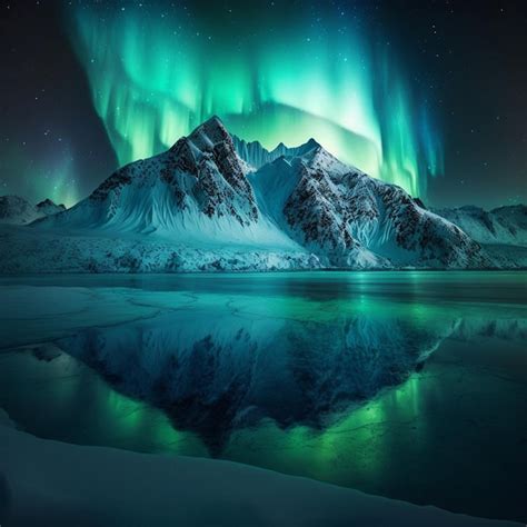 Premium AI Image | Polar lights on snowy mountain with a lake AI