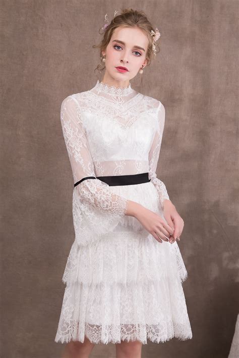 White Lace Knee-Length Prom dresses with Long Sleeves NP-0421