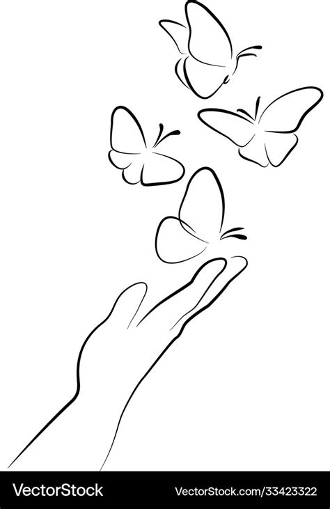 Hand with butterfly on finger line art drawing Vector Image