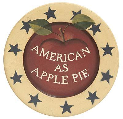 American as Apple Pie Plate - This primitive wooden plate features a painted red apple, leaves ...