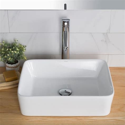 Kraus White Ceramic Vessel Rectangular Trough Bathroom Sink with Faucet ...