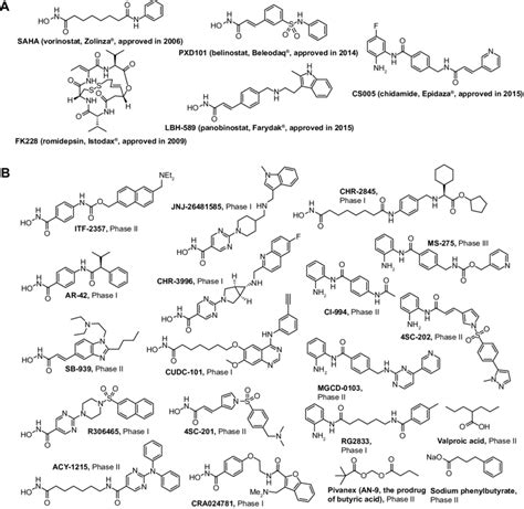 The structures of five approved drugs (A) and HDAC inhibitors in ...