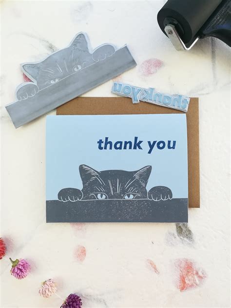 Cat thank you linocut card