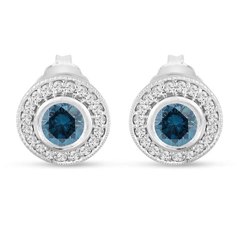 Platinum Blue Diamond Stud Earrings Halo 0.84 Carat Bezel And Micro Pave Handmade Unique