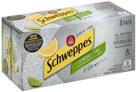 Schweppes Lemon Lime Sparkling Water Beverage - 8 ea, Nutrition ...