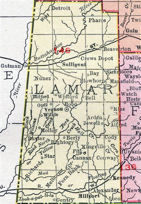 Lamar County, Alabama, Map, 1911, Vernon, Millport, Kennedy, Sulligent